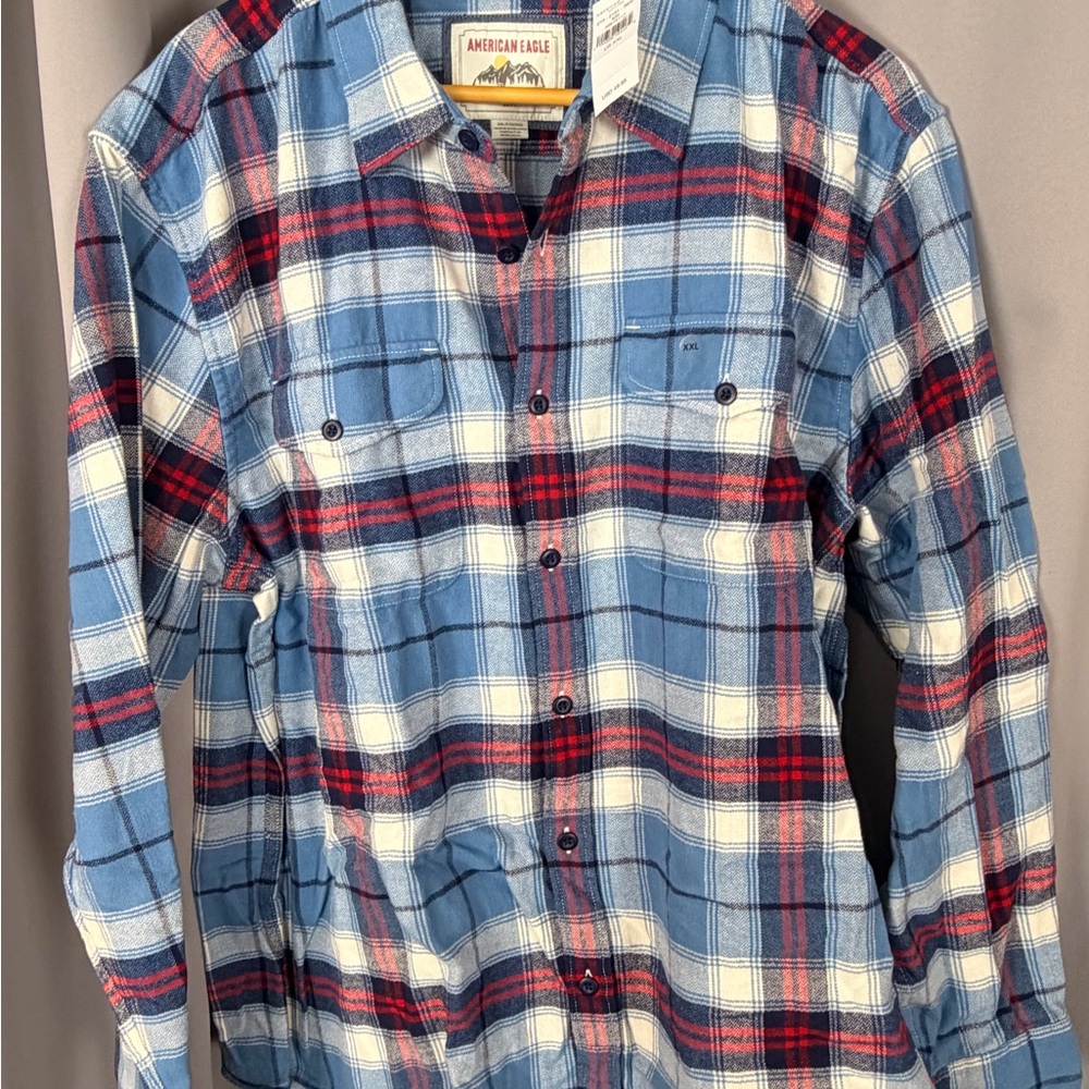 American Eagle Outfitters Blue, Red & White Plaid Button-Down Shirt